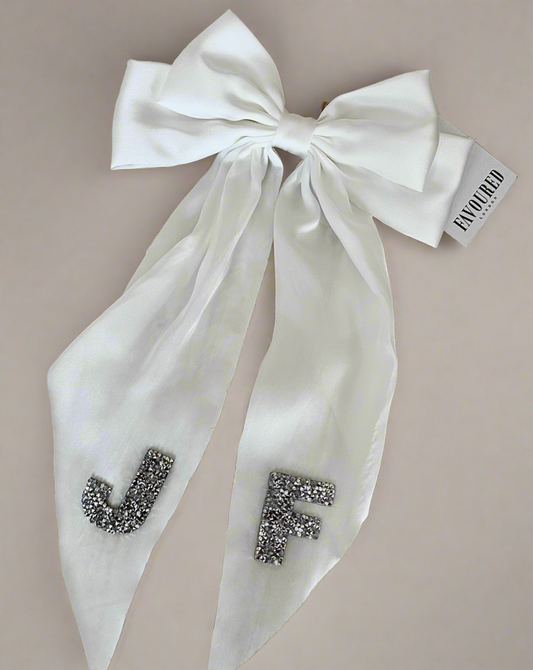 Sample Sale Personalised Bridal Oversized White Silk Bow With Initial Letter Embellishment - J F